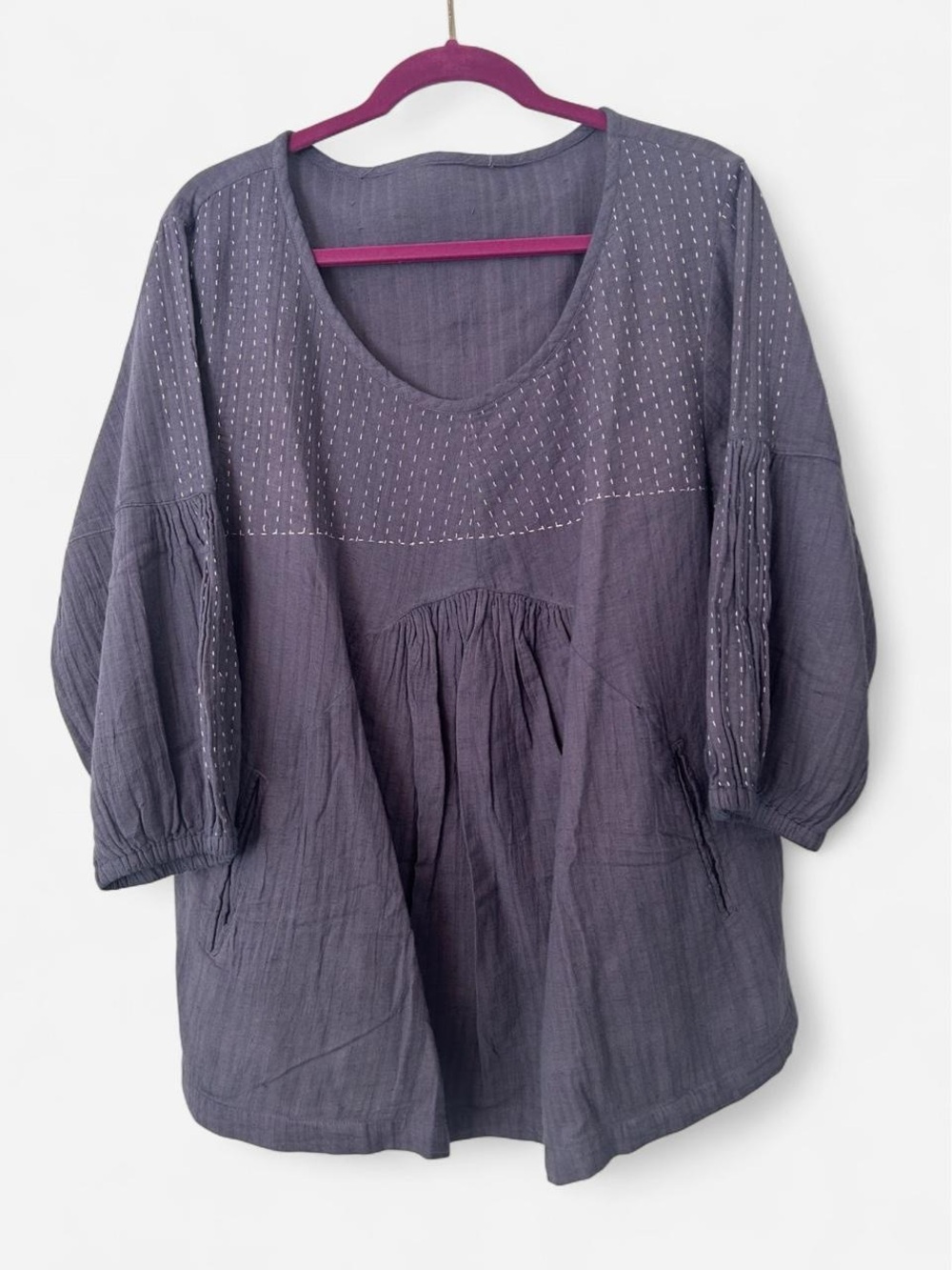 Relaxed Embroidered Scoop Neck Tunic - Blue Gray